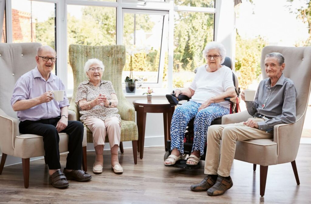 a groups of seniors drinking tea at their senior residence.