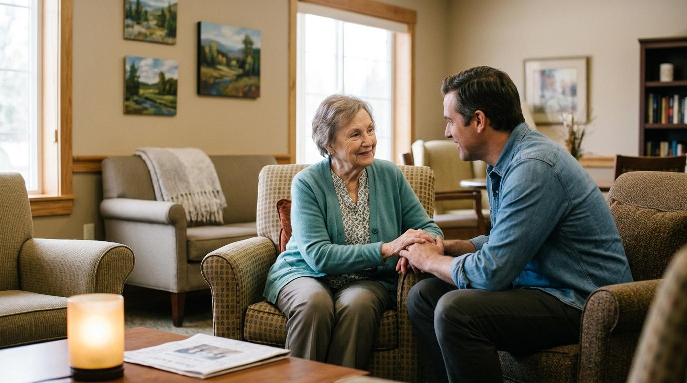 A smiling older adult receives compassionate support from a caregiver in a warm, welcoming assisted living community.