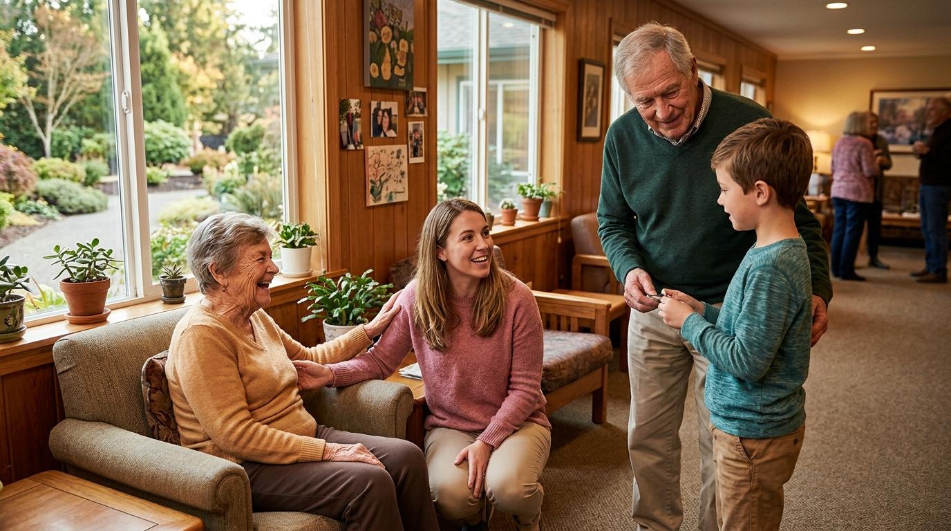 Smiling seniors share a warm moment with visiting family members in a bright, welcoming common area of a senior living community.