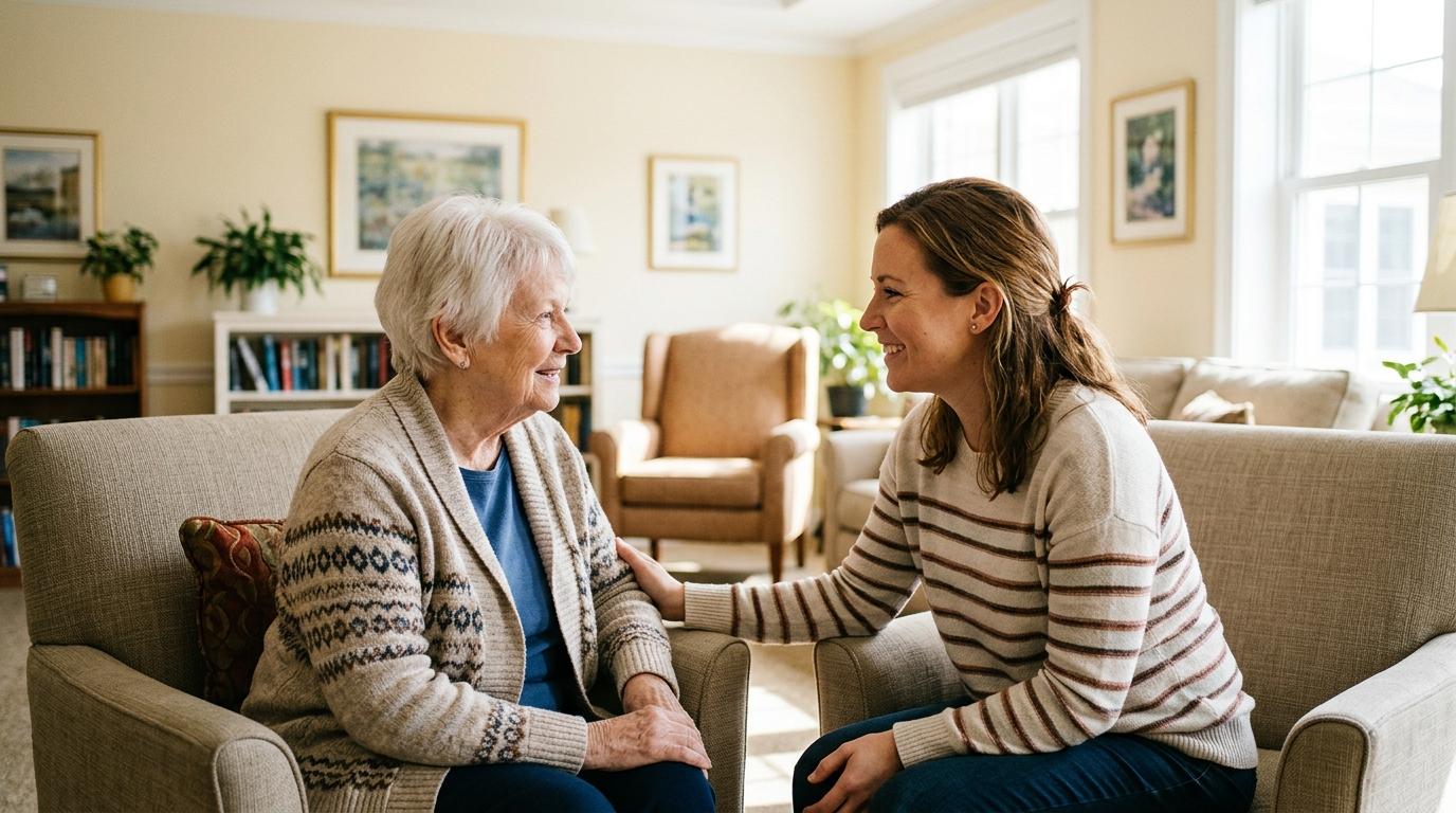 Two women sit on beige couches in a sunny living room, smiling and talking warmly.