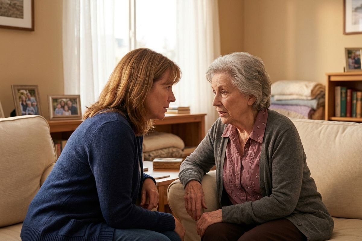 Two women sit on a beige sofa, leaning in to talk in a cozy living room with family photos in the background.