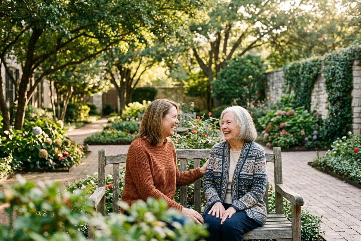 An adult and an older adult laugh together on a wooden bench in a sunlit garden with flowering shrubs, brick paths, and an ivy-covered wall.