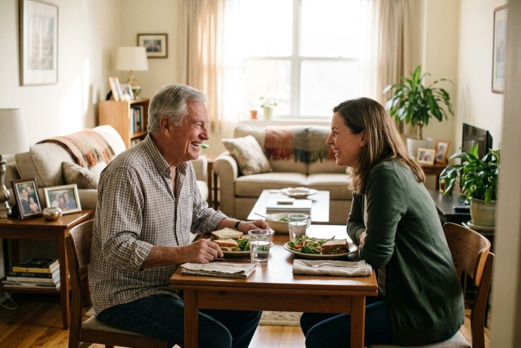 Older adult and younger adult laughing together while sharing sandwiches and salad at a small wooden table in a sunlit living room.