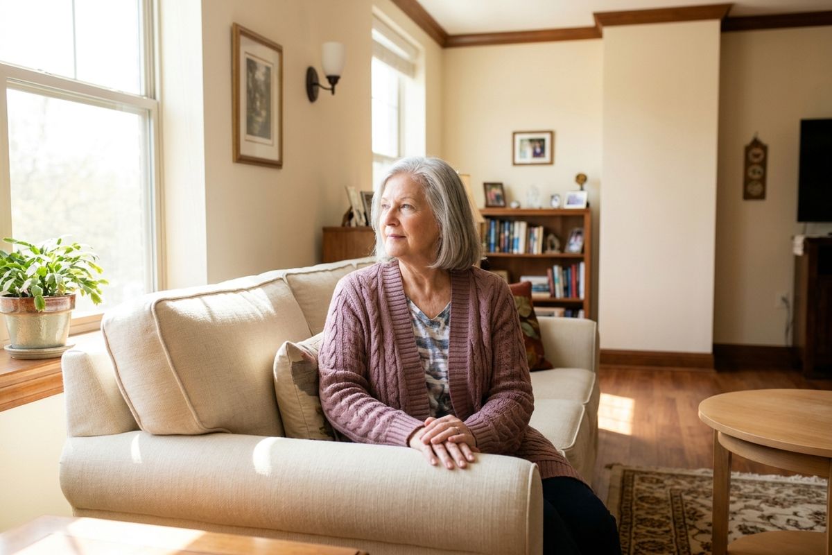 Older adult with gray hair in a cardigan sits on a cream sofa in a sunlit living room, gazing out the window with a calm expression.