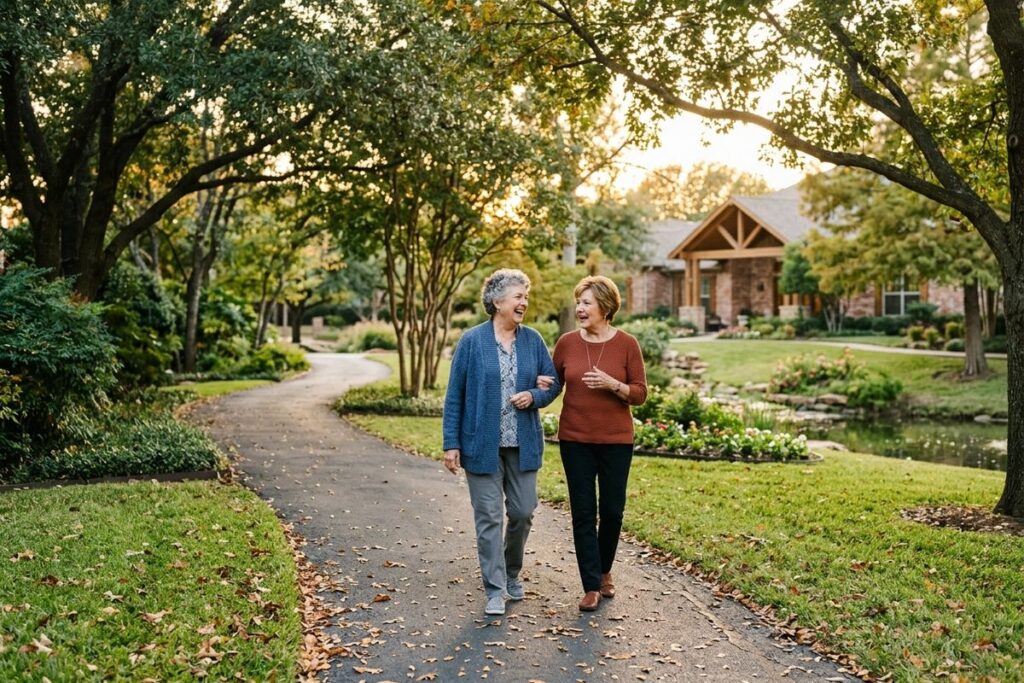 Two older adults walk arm in arm, laughing, along a leaf-covered path past trees, a pond, and a brick building.