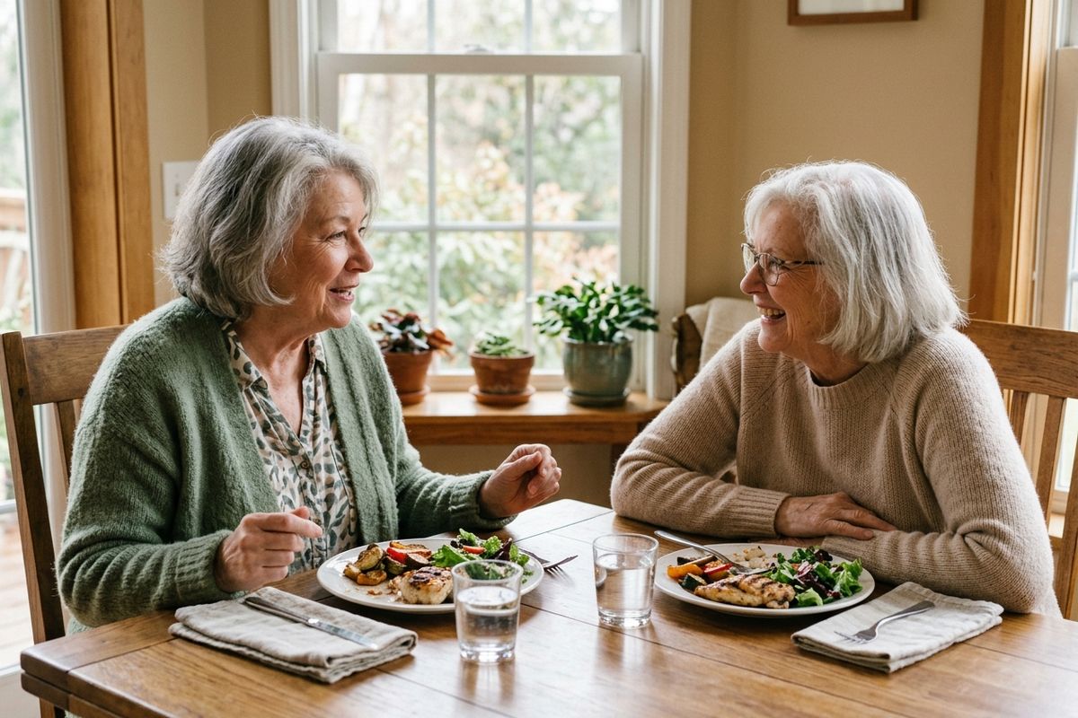 Two older adults smile and talk at a wooden dining table with plates of grilled chicken, roasted vegetables, and salad, by a sunny window with plants.